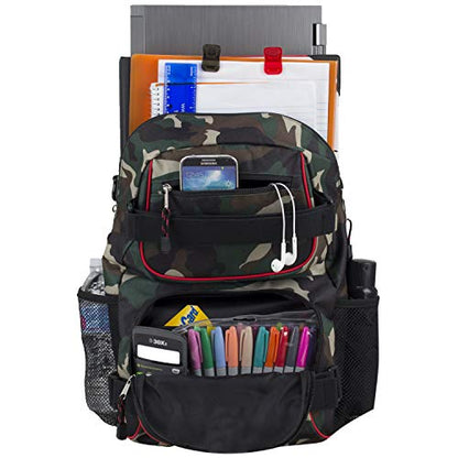 Eastsport Travel Skateboard Backpack Double Strap Laptop Bag Multi-Sport Design for Men and Women, Black Green Camo Red Trim - color: Black/Hunter Green Camo/Poppy Red Trim