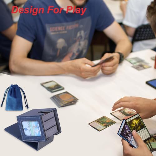 AFIING MTG Deck Box for Commander Display,Card Deck Box Fits 100 Double Sleeved Cards, Magic Commander TCG Card Storage with 2 Dividers,Dice Bag and 1 Toploader(Blue/Grey) - color: Commander Blue Grey