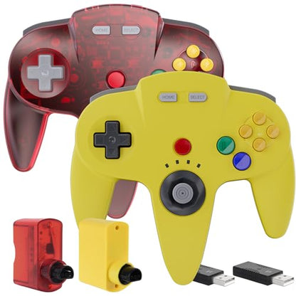 2 Pack Wireless N64 Controller for Switch 1 & 2,N64 Console,Lemon/Clear Red | (Built-in Vibration) (Rechargeable) (3D Analog Stick), 2.4 GHz USB & N64 Receiver Made for Switch Online, Windows PC, macOS - color: Two Pack Lemon/Clear Red
