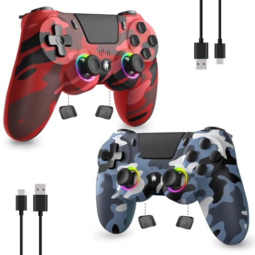 2 Pack Wireless Controller for PS4, Game Remote Controller Compatible with PS4/Slim/Pro/PC, Programmable, RGB Light, 1000mAh Battery, Dual Vibration, 6-Axis Gyro, Share, Touch Pad,Speaker&Audio Jack - color: Camo Red&Blue