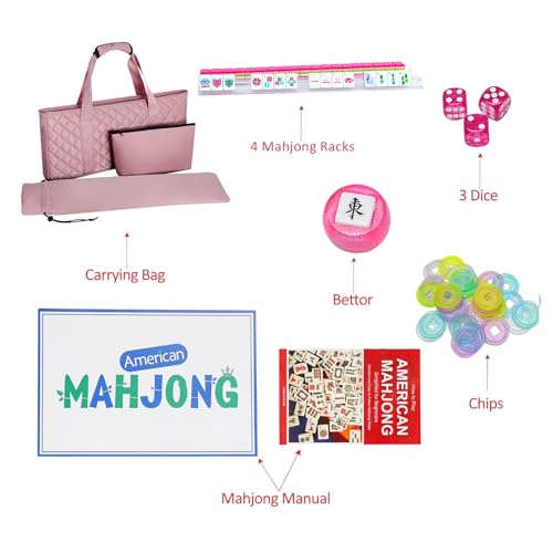 American Mahjong Tile Set(4 Layer) with Carrying Bag, 160 Engraved Acrylic Tiles, 4 All-in-One Rack/Pushers, Mahjong Game Set (Ma Jong, Mah-Jongg) - color: Magenta