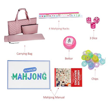 American Mahjong Tile Set(4 Layer) with Carrying Bag, 160 Engraved Acrylic Tiles, 4 All-in-One Rack/Pushers, Mahjong Game Set (Ma Jong, Mah-Jongg) - color: Magenta