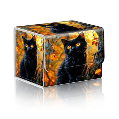 Trading Card Storage Box, Holds 100+ for MTG Cards, Premium PU Leather with Magnetic Closure, Black Cat In Autumn Tree Durable Deck Box for Magic the Gathering, Trading Card Games - color: Black Cat In Autumn Tree