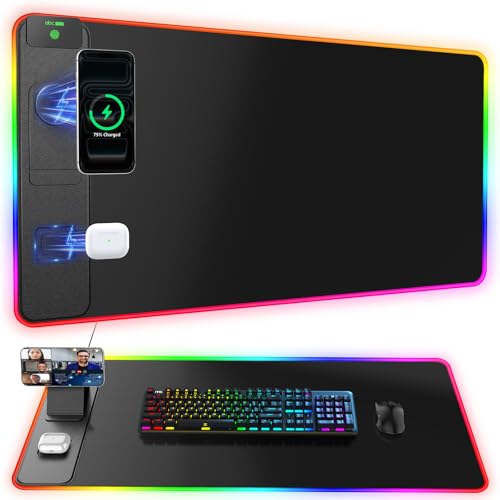 Wireless Charging Mouse Pad with Magnetic Phone Stand, 31.5"x15.8" Large | Gaming Mousepad RGB Desk Mat, Smooth Glide, Stitched Edge, Non-Slip Rubber Base, Waterproof Keyboard Mat, No Adatper - color: RGB-Mag Stand