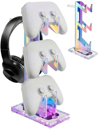NiHome Controller Holder & Headphone Stand, LED Acrylic 3-Tier Gaming Desk | USB-Powered 7 Colors 3 Modes, Anti-Slip Headset Cable Management, Gamer Gift For PS5 Xbox - size: 3-Tier