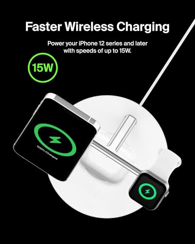 Belkin MagSafe 3 in 1 Wireless Charging Stand, 2nd Gen, 33% Faster | Apple Watch, iPhone 16/15/14, AirPods compatible, multi-device charging station, faster charging, Magnetic - color: White, style: Chrome Finish