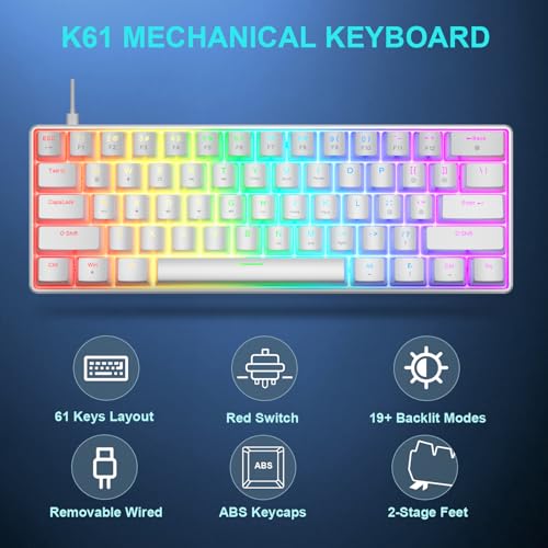 BlueFinger 60% Mechanical Gaming Keyboard and Mouse Combo - RGB Rainbow Backlit 61 Keys Red Switch Keyboard & 4 DPI LED Gaming Mouse, USB Wired Set for PC Laptop Xbox PS4 PS5, White - color: White