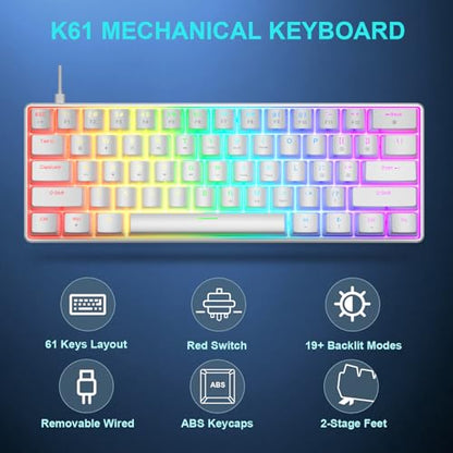 BlueFinger 60% Mechanical Gaming Keyboard and Mouse Combo - RGB Rainbow Backlit 61 Keys Red Switch Keyboard & 4 DPI LED Gaming Mouse, USB Wired Set for PC Laptop Xbox PS4 PS5, White - color: White