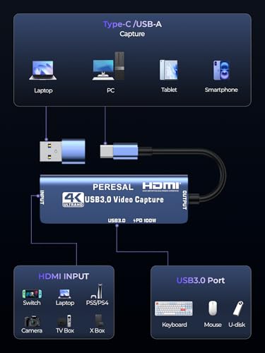 USB 3.0 Video Capture Card with 12IN Mini HDMI Cable PD 100W and USB3.0 Port, Streaming Game Recording 4K, 60FPS, HDMI to USB-A/USB-C Capture Card for Quest 3, Switch, PS5/4, Camera, Tablet PC