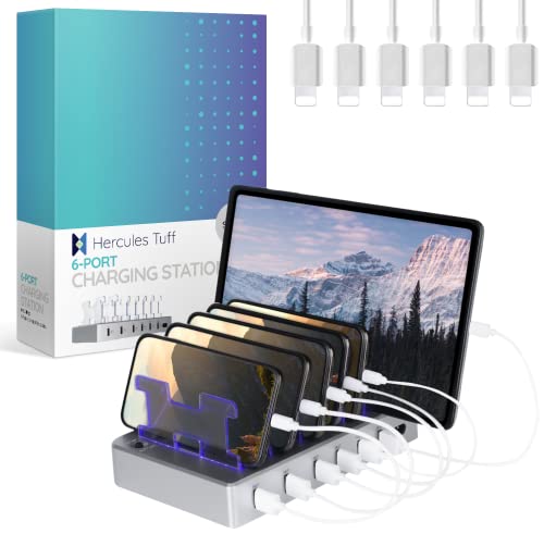 Fast Charging Station for Multiple Devices, 6-Port USB Charging Dock Silver | Smart IC Technology for Safe Charging, Organized storage, Works with Apple iPhone 14 and earlier & iPads, for home, office - color: Silver
