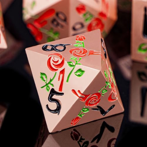 Gothic DND Dice Set Bleeding Rose Metal D and D Dice for use with Dungeons Dragons D&D Role Playing Game, Red Copper RPG Polyhedral Dice Set D20 D12 D10 D8 D6 D4 - color: Red&copper&black Numbers