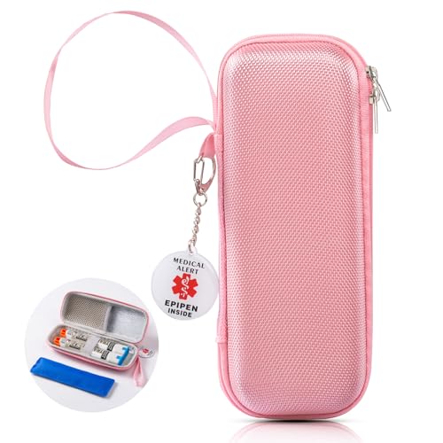 EpiPen Medical Carrying Case, Epi Pens Carrying Case for Travel, Medication Organizer Bag, Fits 2 EpiPens, Asthma Inhaler, Allergy Medicine, With Ice Pack, Programmable NFC Medical Warning Tags (Pink) - color: Pink