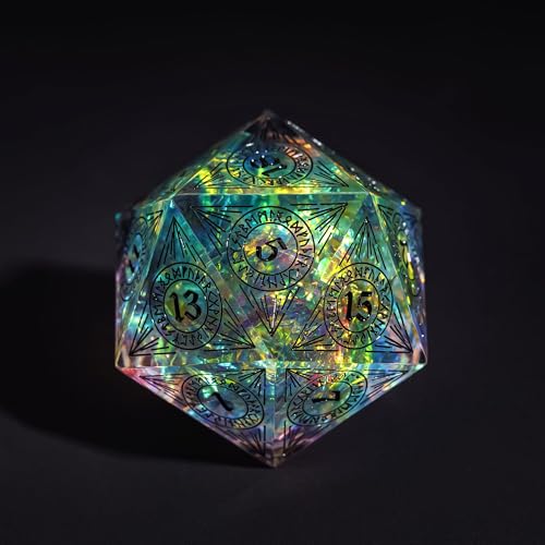 Cusdie Single D20 DND Dice with Sharp Edges and Glitter Foil Inclusions, 33mm Handcrafted 20 Sided D&D Dice, for Role Playing Game(Transparent w/Black Pattern) - color: Transparent W/Black Pattern
