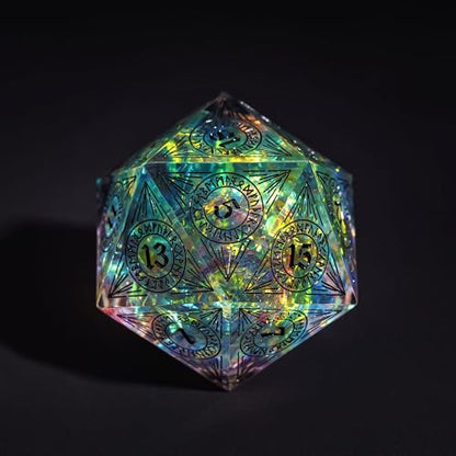 Cusdie Single D20 DND Dice with Sharp Edges and Glitter Foil Inclusions, 33mm Handcrafted 20 Sided D&D Dice, for Role Playing Game(Transparent w/Black Pattern) - color: Transparent W/Black Pattern