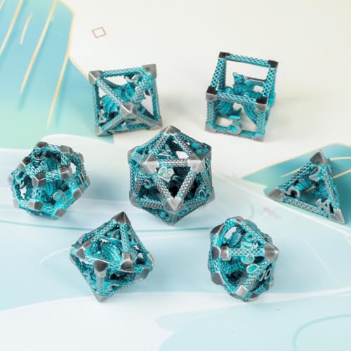 Hollow Metal DND Dice Set, 7-Piece Polyhedral RPG Gaming Dice with 3D Dragon Design, Cyan, for Dungeons and Dragons, Pathfinder, MTG - color: 3d Dragon Cyan
