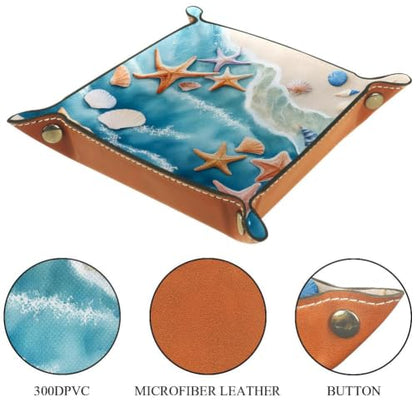 Beach Starfish Shells Dice Tray Folding Square PU Leather Dice Rolling Tray | Portable Dice Trays for Dice Games Like RPG, DND and Other Table Games, Folded 4.5x4.5x1.2inch - color: Beach Starfish Shells