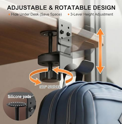Headphone Stand Holder for Desk, Carbon Steel Under Desk Headphone Hanger, 360° Rotating Backpack Hook Clamp, Adjustable Height Gaming Accessories for Table Thickness up to 2.68 Inch, Black