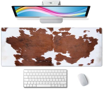 Brown Cowhide Print Gaming Mouse Pad, Extended Large Mouse Mat Desk Pad, Big Computer Keyboard Desk Pad, Stitched Edges Mousepad, 3mm Thick Long Non-Slip Rubber Base Mice Pad, 31.5 X 11.8 Inch - color: Brown Cowhide Print