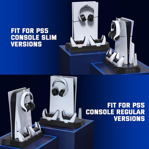 PS5 Slim Cooling Station with Controller Charging Station for PlayStation 5 Console Slim&Standard Disc/Digital, PS5 Cooling Stand Accessories with Cooler Fan/3 USB Hubs/Media&Headset Holder - Black - color: For PS5 Slim+PS5 Black