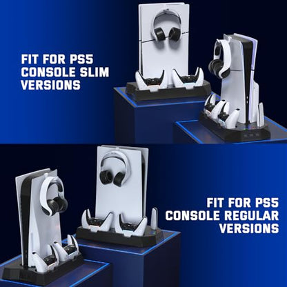 PS5 Slim Cooling Station with Controller Charging Station for PlayStation 5 Console Slim&Standard Disc/Digital, PS5 Cooling Stand Accessories with Cooler Fan/3 USB Hubs/Media&Headset Holder - Black - color: For PS5 Slim+PS5 Black