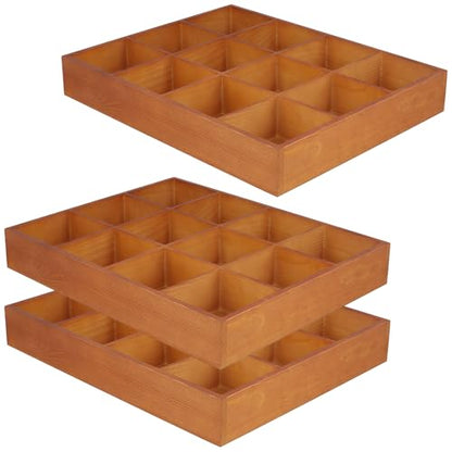 FUNSUEI 3 PCS Multi Compartment Wooden Tray, Grid Display Wood Serving Tray with 12 Sections, Wood Drawer Organizer Divided Snack Storage Box for Jewelry, Card Sorting, 13x10x2 Inch, Brown - size: 3 PCS 12 Sections