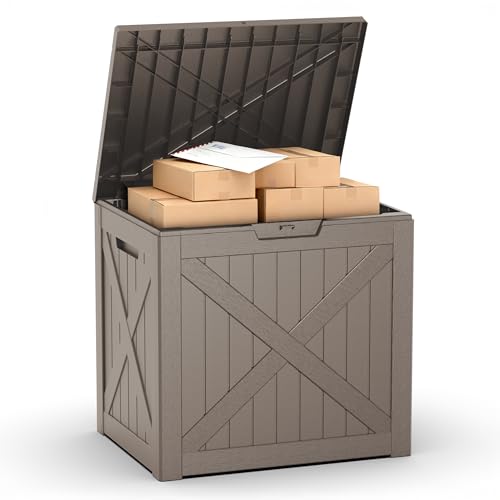 PatioZen 32 Gallon Package Delivery Box, Waterproof Outdoor Package Delivery Box with Lid, UV-Resistant Resin Storage Bench for Patio Furniture, Garden Tools, Cushions, Pool Accessories(Grey) - color: Grey, size: 32 Gallon