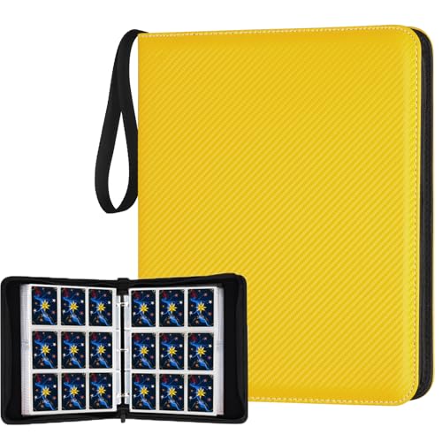 900 Pockets Round Ring Trading Card Binder, 9-Pocket Clear Zipper Card Album with Wrist Strap, Holds 900 Standard TCG & Sports Cards, Not Fit Top Loaders (Carbon Yellow) - color: 9 Pocket 900 Carbon Yellow