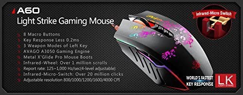 Bloody A60L Optical Gaming Mouse with Light Strike (LK) Switch & Scroll - Fully Programmable and Advance Macros (A60L) - color: A60L