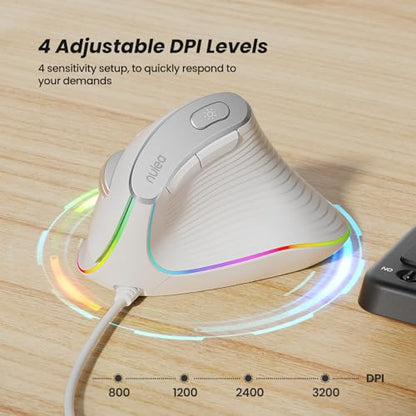Nulea M504 유선 수직 마우스, USB 인체 공학적 광학 마우스, 4가지 조절 가능한 DPI, 11가지 RGB 백라이트 모드, 노트북, PC, 데스크톱, 맥과 호환, 화이트 - color: C-화이트