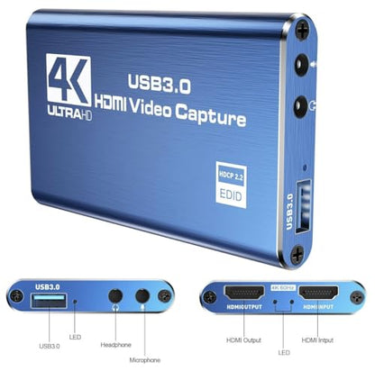 4K HDMI to USB3.0 Capture Card,1080P 60FPS, Audio Video Capture Card for Game Capture Card Nintendo Switch Streaming Work with PS4/PS5/PC/OBS/Camera/Xbox (Blue) - color: Blue