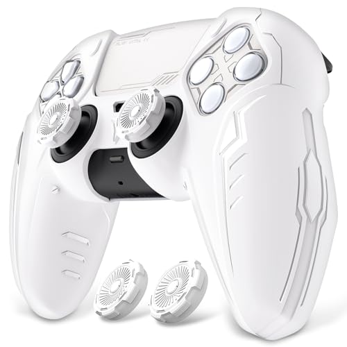 PlayVital Silicone Skin Set for PS5 Controller - Charging Dock Compatible, Full Protection Case with Futuristic CyberMech Design, Soft Cover with Thumb Grips & Stickers - White - color: White