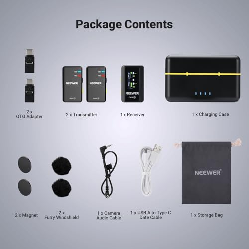 NEEWER CM28 Wireless Lavalier Microphone, Smart Noise Cancelling Lav Mic, 48KHz/16Bit 9hrs Uncompressed Recording, 200m Range, 4GB Storage for iPhone, Android, Camera, 1 RX + 2 TX + Charging Case - style: CM28 Set