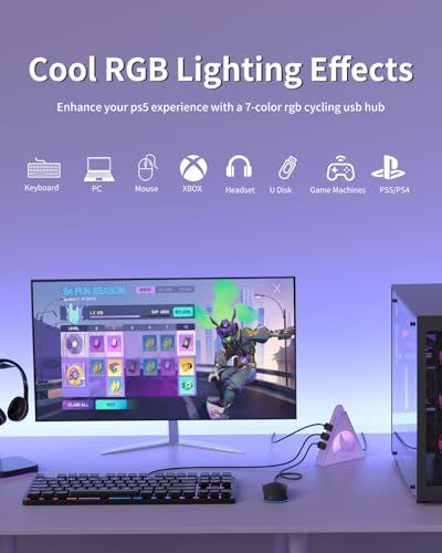 USB 3.0 Hub 7 Port, Vertical USB Splitter with RGB Lighting, 5Gbps High-Speed Data Transfer, 2FT Extension Cable, Tower USB Hub for PC, Laptop, MacBook, PS5, Xbox, Flash Drive, Printer (Light Purple) - color: Light purple