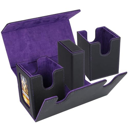 AFIING MTG Commander Deck Box 200 Double Sleeved Cards Storage, 3-in-1 Magnetic Card Case Organizer for Magic: The Gathering TCG CCG, 4 Dividers & 2 Toploaders Black/Purple - color: Black purple