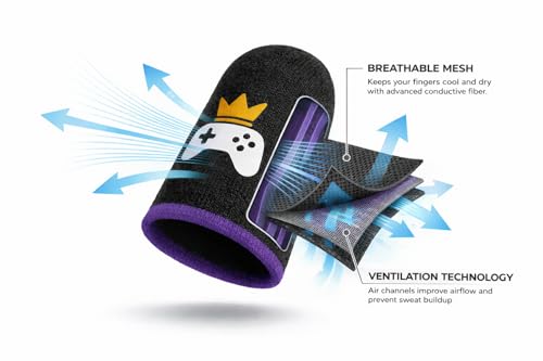 King of The Game - Improved Materials Gaming Finger Sleeves (6 Pack) for Touch Screens and Controllers. Skin-Protective, Ultra-Sensitive, Sweat-Resistant, Breathable and Stretchable. (Purple) - color: Purple