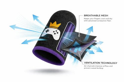 King of The Game - Improved Materials Gaming Finger Sleeves (6 Pack) for Touch Screens and Controllers. Skin-Protective, Ultra-Sensitive, Sweat-Resistant, Breathable and Stretchable. (Purple) - color: Purple
