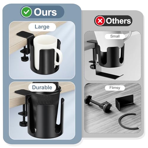 Large Clamp On Cup Holder for Desk, 3.9" Diameter Anti-Spill Drink Holder | Easy Install Clip On Table & Chair Armrest, Desk Accessories for Office, Gaming, Coffee Mugs & Bottles - size: 3.9 Inch, no Hook