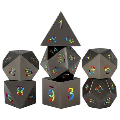 Rainbow Numbers Metal Dice Set 7PCS for DND RPG Tabletop Gaming | Solid zinc alloy build with 150g weight for balanced rolls(Black with Iridescent Number) - color: Black With Iridescent Number