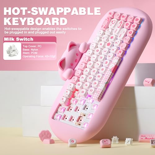 YUNZII C68 Silicone Cute Cat Mechanical Keyboard (Pink, Milk Switch) | Wireless Triple Mode BT5.0/2.4G/Wired, RGB Backlit NKRO, Cute Cat Silicone Ergonomic Design for Win/Mac - color: Pink, size: Milk Switch