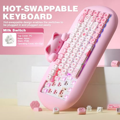 YUNZII C68 Silicone Cute Cat Mechanical Keyboard (Pink, Milk Switch) | Wireless Triple Mode BT5.0/2.4G/Wired, RGB Backlit NKRO, Cute Cat Silicone Ergonomic Design for Win/Mac - color: Pink, size: Milk Switch