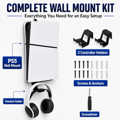 Heavy-Duty Steel Wall Mount Kit Compatible with PS5 Slim, Pro and Original | Secure EVA-padded support, complete install kit, easy setup, open airflow, holders for 2 controllers and headset - color: Black