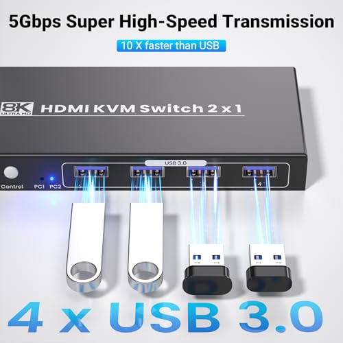 HDMI KVM Switch 1 Monitor 2 Computers, 8K60Hz 4K120Hz USB 3.0 2 Port HDMI KVM Switch for 2 PC Management Via 1 Set of Keyboard Mouse and 1 Monitor