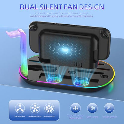 Switch 2 Charging Dock Stand with Cooling Fan,Charger for Joycons 2 and Switch 2 Pro Controller with RGB Light Storage Stand for Headset & Camera Storage Slot &7 Game Card Slots
