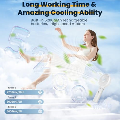 HandFan 5200mAh Portable Handheld Fan - 3 Speeds, 180° Foldable, Rechargeable Personal Cooling Fan, 20H Long Runtime for Travel, Disney, Games, Park, Concerts, Summer & Outdoor Use (White) - color: Clear‑Blade White