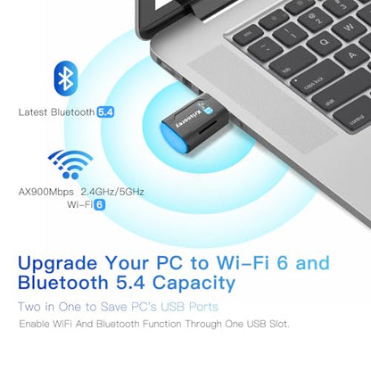 2-in-1 Wi-Fi 6 Bluetooth 5.4 USB Adapter for PC Laptop, AX900Mbps WiFi 2.4G/5GHz Wireless Network Dongle w/Built-in Driver for Windows 11 10 Desktop Headphones, Keyboard, Mouse, Controller - size: Mini Sized