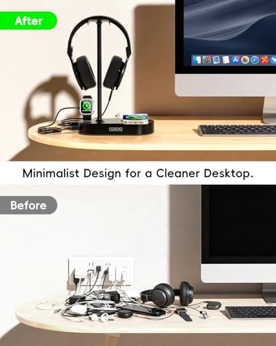 COZOO Headphone Stand with Fast Wireless Charging Pad and 2 USB Charging Ports, Suitable for Gaming, DJ, Wireless Earphone Accessories - color: Black