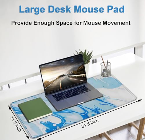 Extra Large Gaming Mouse Pad 31.5 x 11.8 in, Waterproof Mousepad with Stitched Edges, Premium Microfiber Cloth Surface, Non-Slip Base Keyboard Desk Mat for Home Office Gaming, Marble Blue White - color: Marble Blue White, size: 31.5L x 11.8W inches