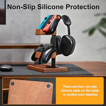 Solid Wood Controller Holder and Headphone Stand, Controller Stand for Desk | Dual Gaming Controller Organizer Rack, Fits Xbox, PS4, PS5, Gamepad, Headset Holder for Son, Husband, Boyfriend
