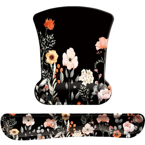 Keyboard Wrist Rest Pad Mouse Pad with Wrist Support Set of 3, Gaming Mousepad with Non-Slip Rubber Base, Ergonomic Memory Foam Mouse Cushion Support for Home Office Laptop Computer, Flower Black - color: U-flower Black