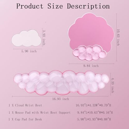 Gel Cloud Wrist Rest Keyboard Clear Pink Mouse Pad with Wrist Rest Set 3PCS Ergonomic Cool Keyboard Wrist Pad Cute Acrylic Coaster Non-Slip Base Cute Transparent Mouse Wrist Pad Support for Computer - color: 3pcs Gel Pink